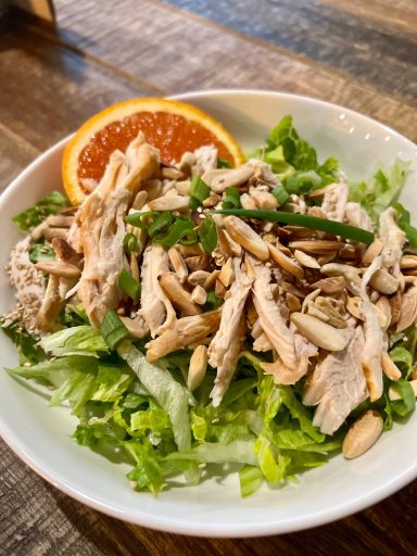 Grilled chicken breast with shredded romaine, scallions, toasted almonds. sesame seeds, and a slightly sweet sesame rice vinaigrette. GF/DF